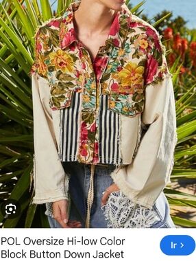 Pol Boho Patchwork Button-Down Jacket in Floral & Cream